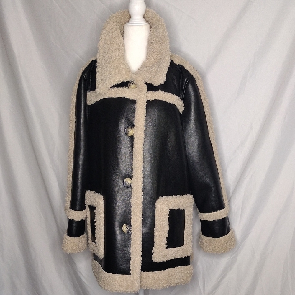 7 For All Mankind Black and Cream Faux Fur Shearling Jacket Women's XL NWT